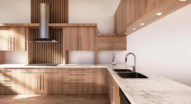 Cocina en forma de L con dos paredes perpendiculares y espacio central libre