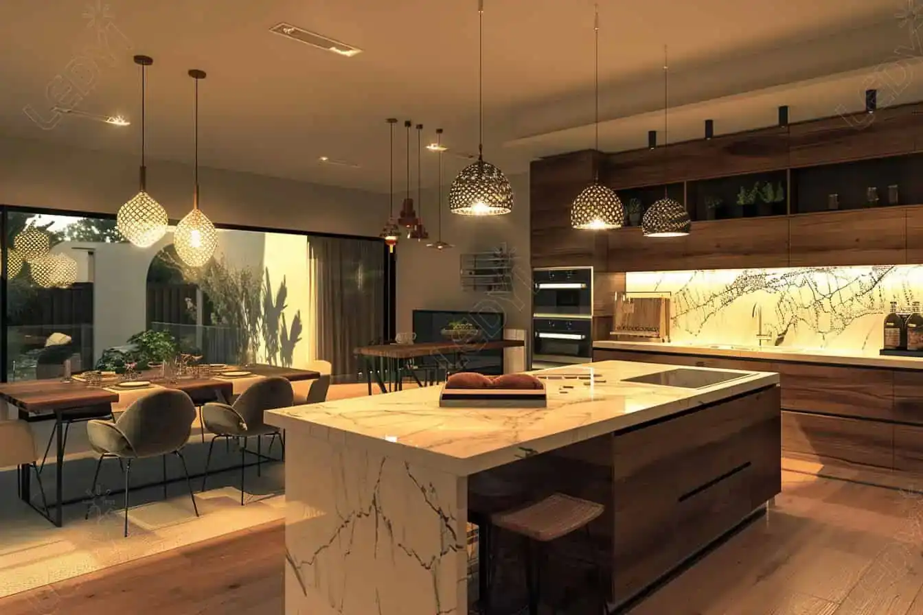 Cocina con sistema de iluminación en capas: general ambiental, tarea bajo muebles y decorativa en vitrinas
