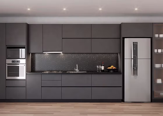 Cocina lineal con todo el mobiliario concentrado en una sola pared para espacios estrechos